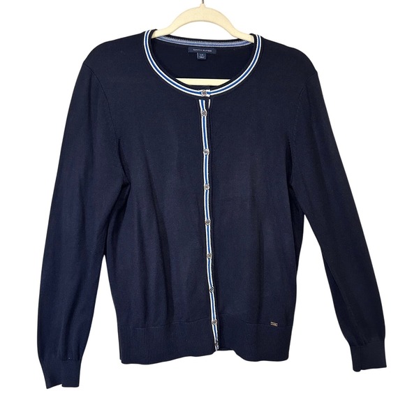 Tommy Hilfiger Womens Cardigan Sweater Large Navy Blue Button Front Knit - Picture 1 of 6